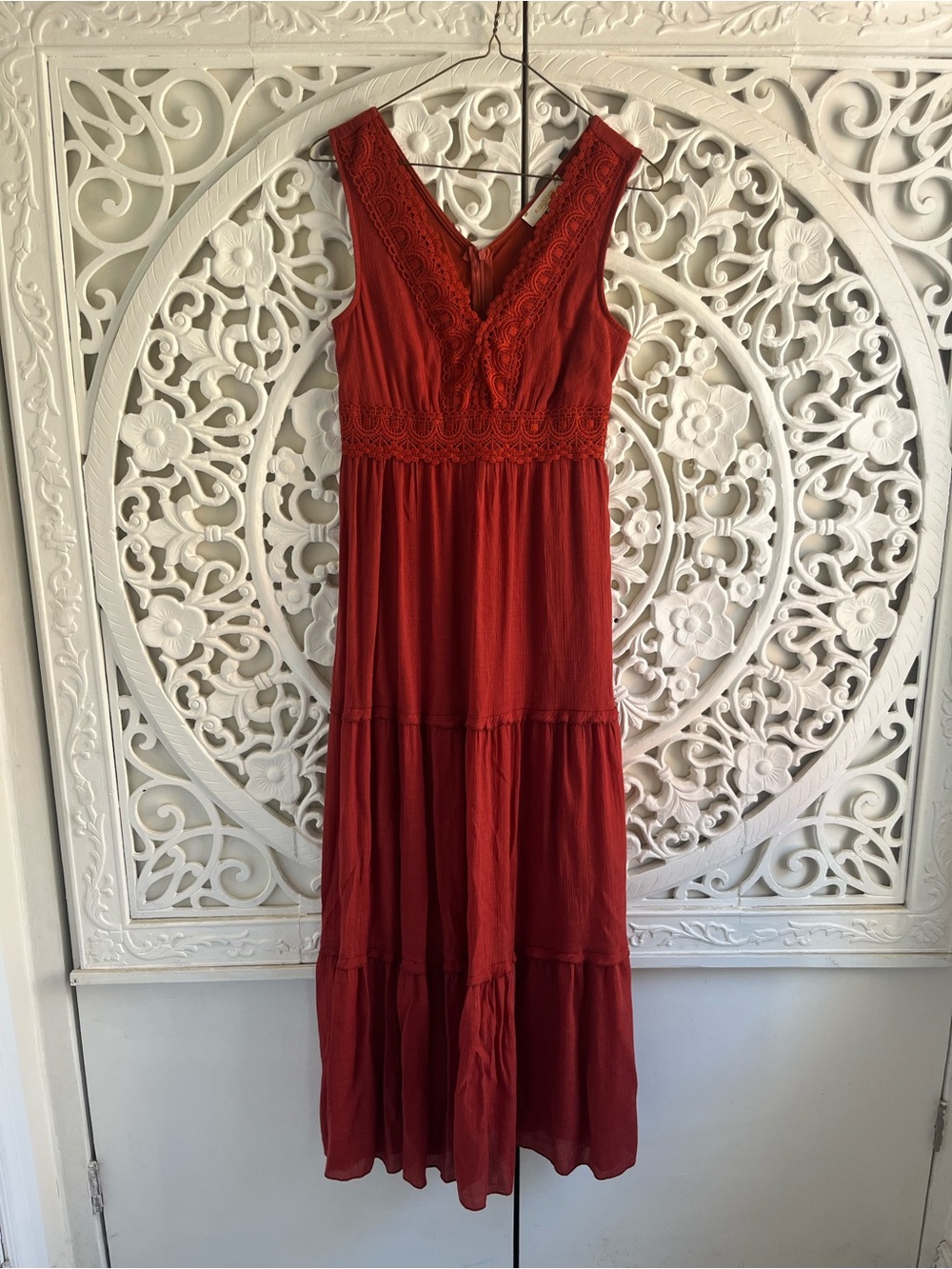 Rebellion Again Terracotta Boho Maxi Dress Crochet Lace Sleeveless XS